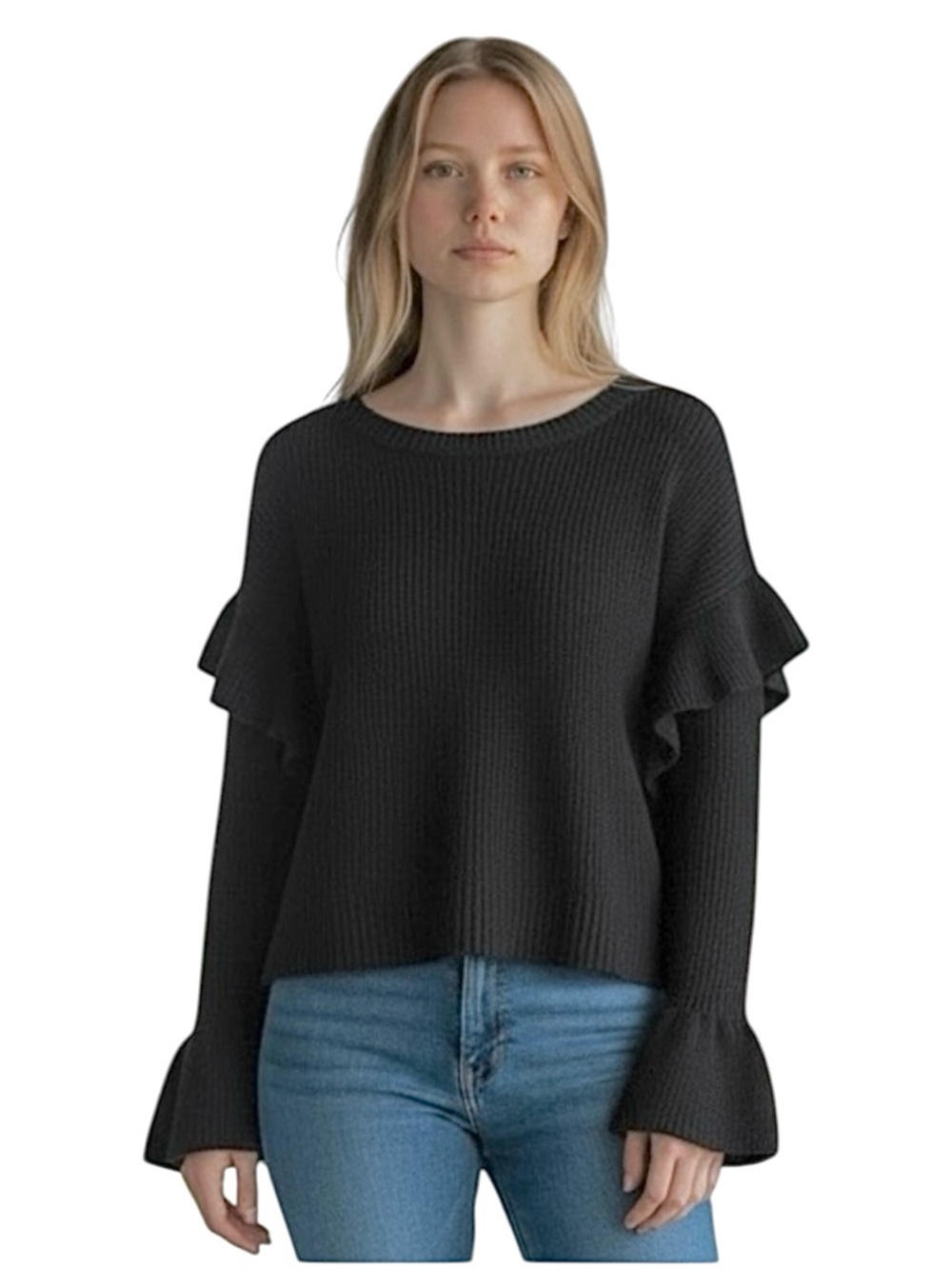 Zara Black Ruffle Bell Sleeves‎ Wide Fit Crewneck Sweater